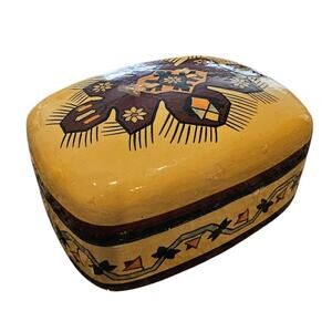 Vintage Mid Century Handmade Hand painted in Kashmir Trinket Box Yellow Brown